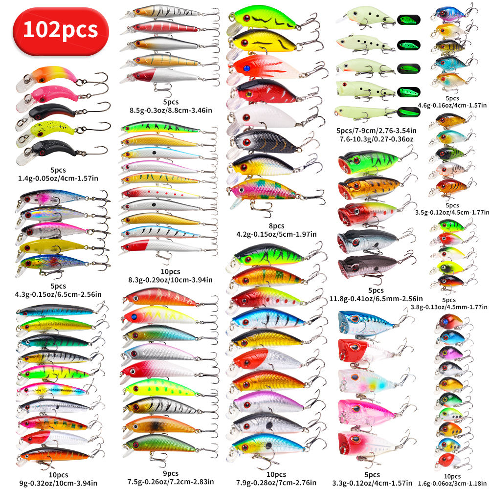 22pcs 58pcs 102pcs Fishing Lure Kits Multi-functional Set Topwater Floating Swimming Lures, Equipped With High Pitch Hook Soft Frogs, Used For Bass Fishing.