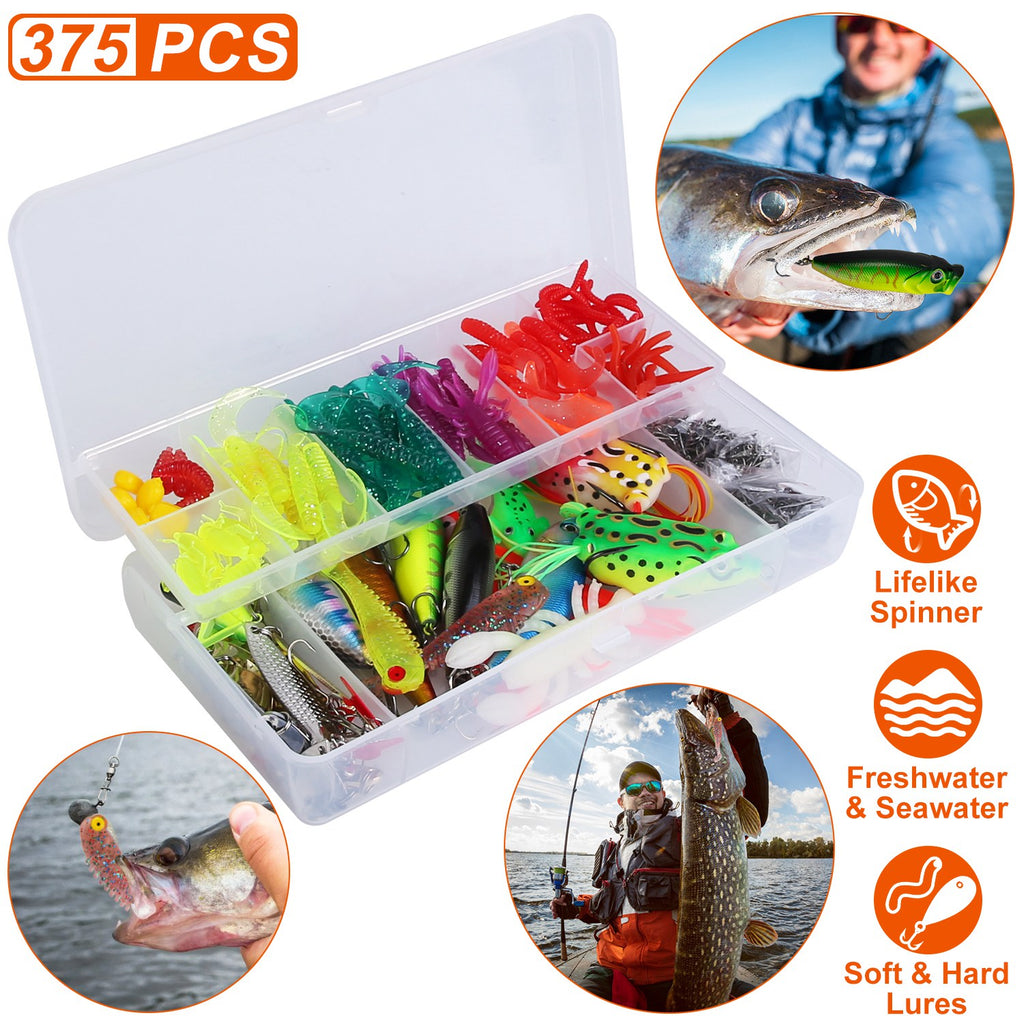 375Pcs Fishing Baits And Tackle Box Saltwater Freshwater Fishing Lures Kit Lifelike Popper Crankbaits Crickets Frogs Spoon Lures Maggots
