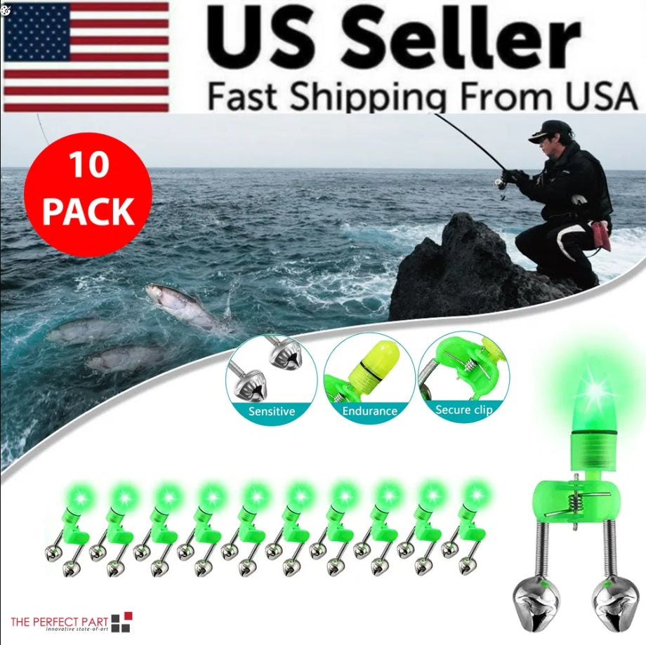 10 40 PC LED Night Fishing Bite Bait Alarm 2 Bells Light Rod Tip Clip Alert Ring