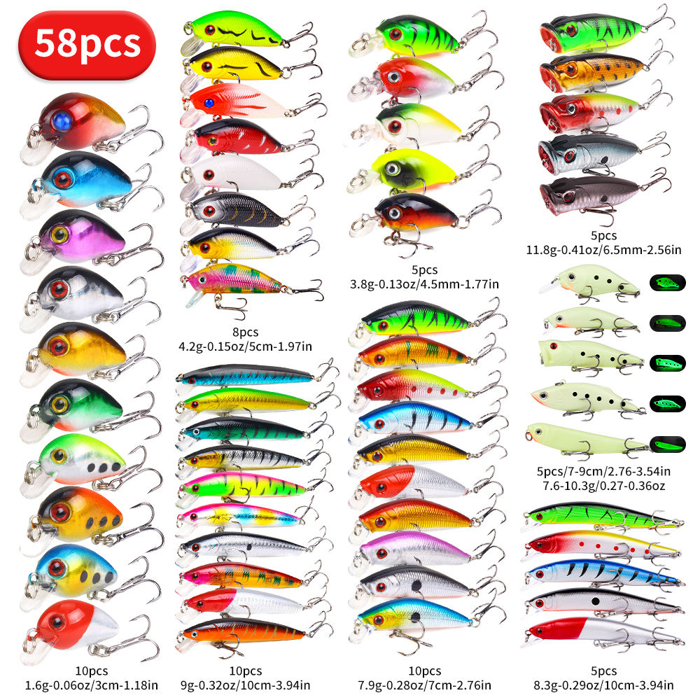 22pcs 58pcs 102pcs Fishing Lure Kits Multi-functional Set Topwater Floating Swimming Lures, Equipped With High Pitch Hook Soft Frogs, Used For Bass Fishing.