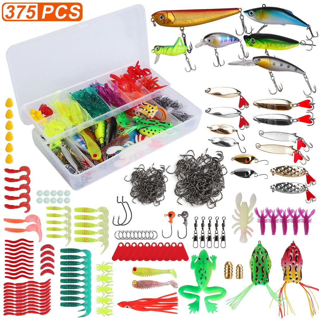 375Pcs Fishing Baits And Tackle Box Saltwater Freshwater Fishing Lures Kit Lifelike Popper Crankbaits Crickets Frogs Spoon Lures Maggots